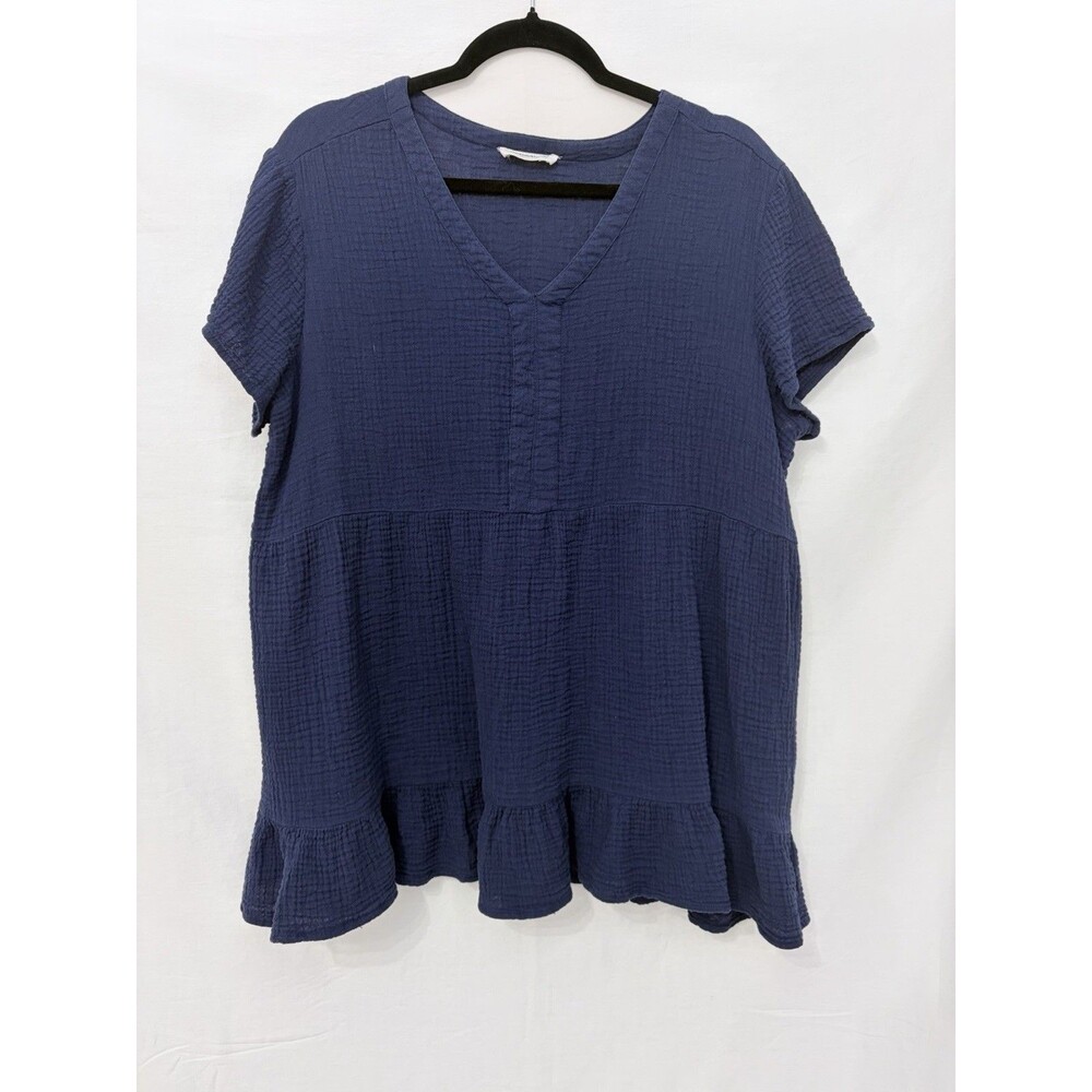 Beach Lunch Lounge Navy Blue Boho Ruffle Cotton Blouse Seersucker XL